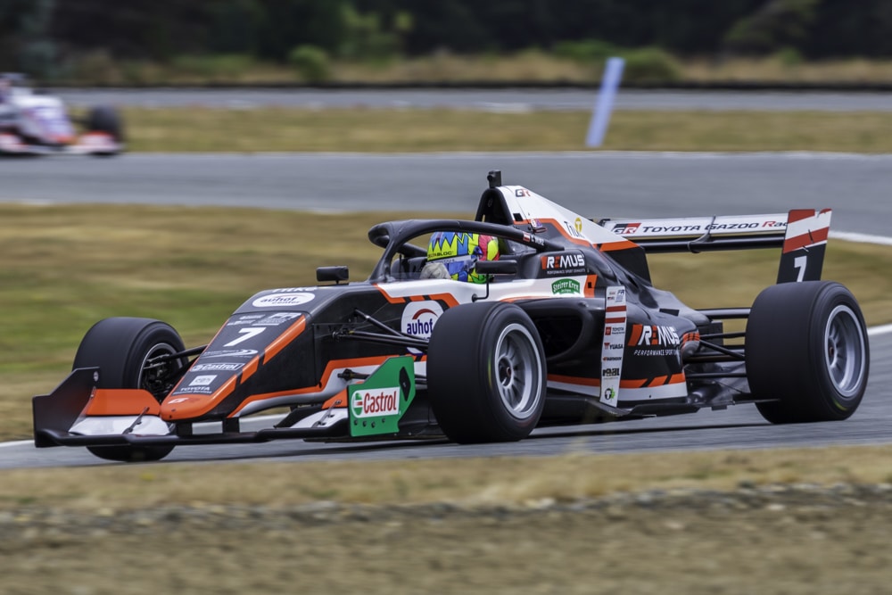 Austrian Charlie Wurz on his way to victory in the opening race of Round 2 of the Castrol Toyota Formula Regional Oceania Championship at Teretonga Park in Invercargill today. Photo: Vanessa Adcock.